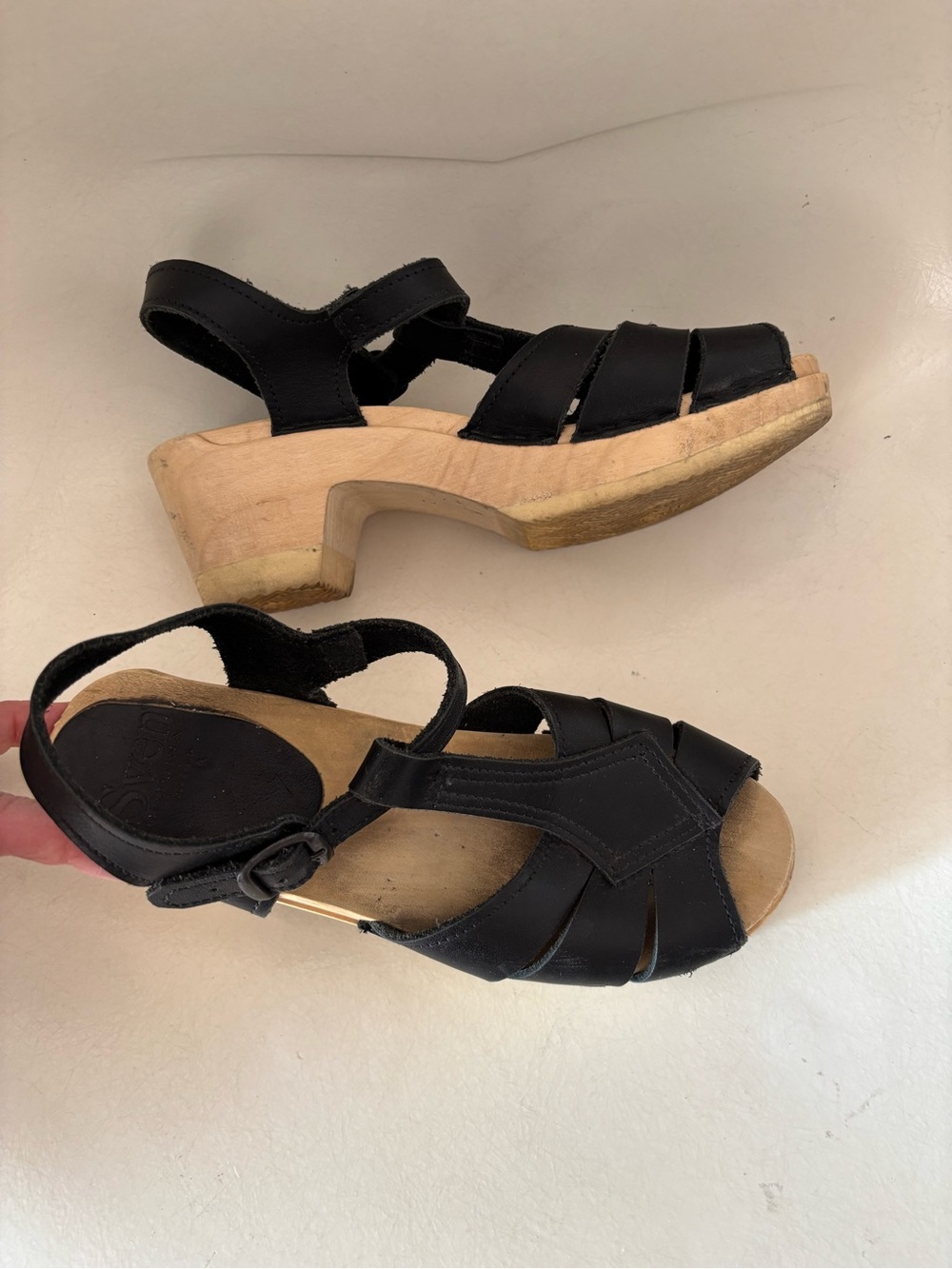 Sven Original Black Leather Diamond T-Strap Wooden Clogs - Women
